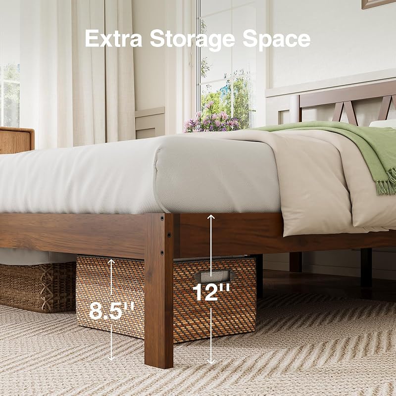 Walnut 12 Inch Queen Bed Frame with Headboard – Solid Wood, No Box Spring Required, Easy Assembly
