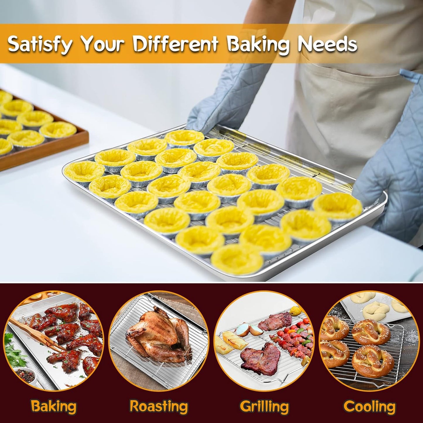 P&P CHEF Stainless Steel Baking Sheet Set - 17.5 Inch Cookie Trays with Cooling Racks | Oven & Dishwasher Safe