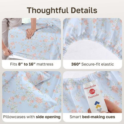 California Design Den Bed Sheets Set - Soft Cotton, 400 TC, Award-Winning Sateen Finish, Deep Pockets | Floral Blue/Pink Full Size