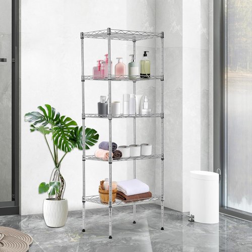 BestOffice 5-Tier Wire Storage Shelves - Heavy-Duty Metal | Adjustable Racks | Chrome Finish | 17x12x48 Inches | Holds Up to 750 lbs | Easy No-Tool Assembly for Home & Garage