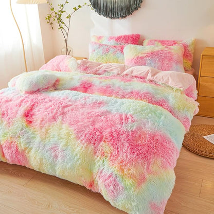 Besfunny Rainbow Faux Fur Twin Comforter Cover Set - 2-Piece Plush Bedding (66x90) Rainbow Twin Variation