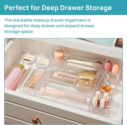 Vtopmart 7-Piece Clear Drawer Organizer Set - Stackable Acrylic Trays for Makeup, Office Supplies & Kitchen Utensils