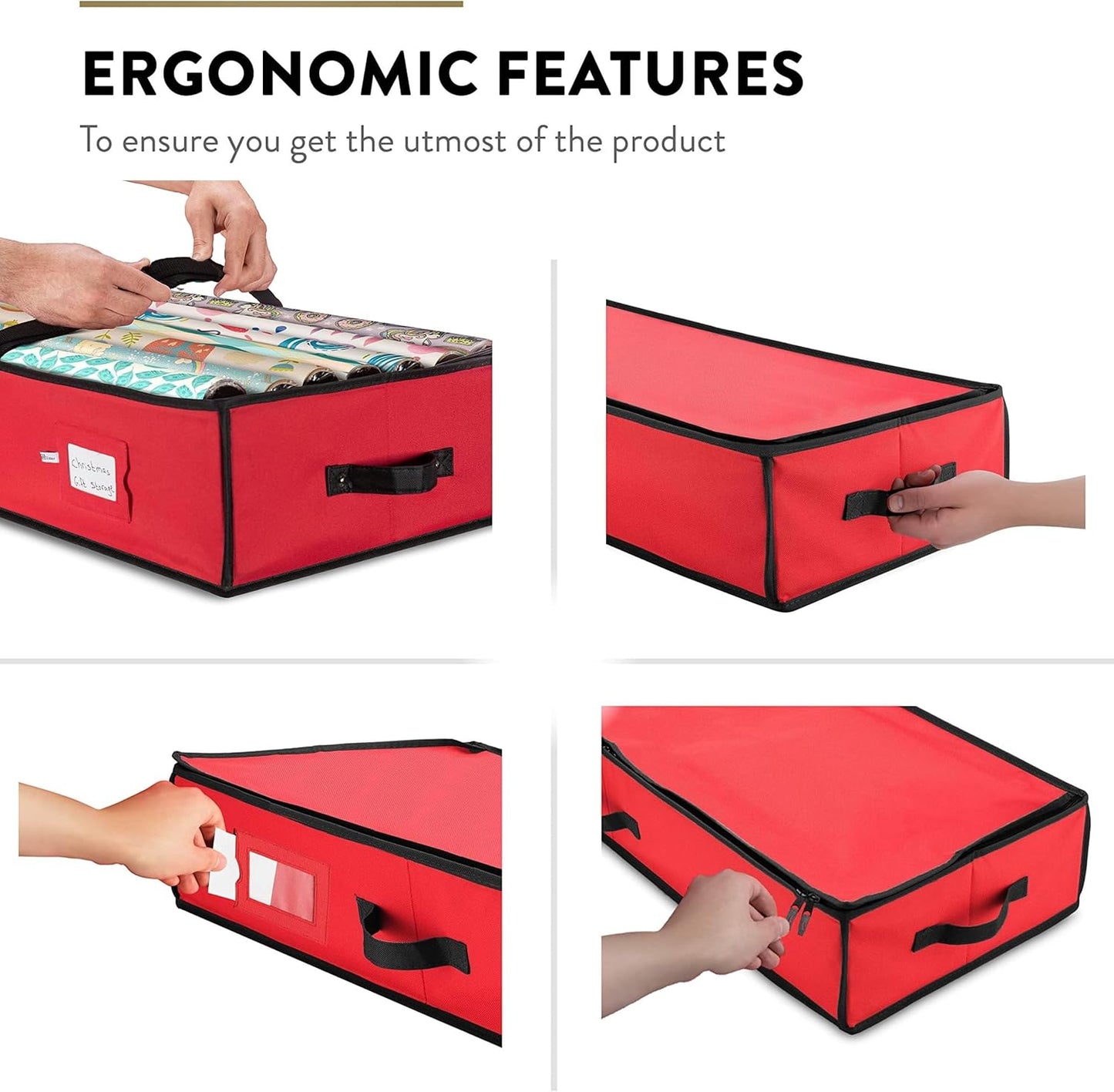 ZOBER Gift Wrapping Paper Organizer - 40" Storage for 24 Rolls with Pockets for Bows & Ribbons | Red/Black 600D Oxford