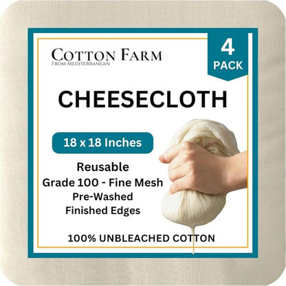 Cotton Farm Grade 100 Cheese Cloths - 100% Unbleached Cotton for Straining & Cooking | 18" x 18" Reusable
