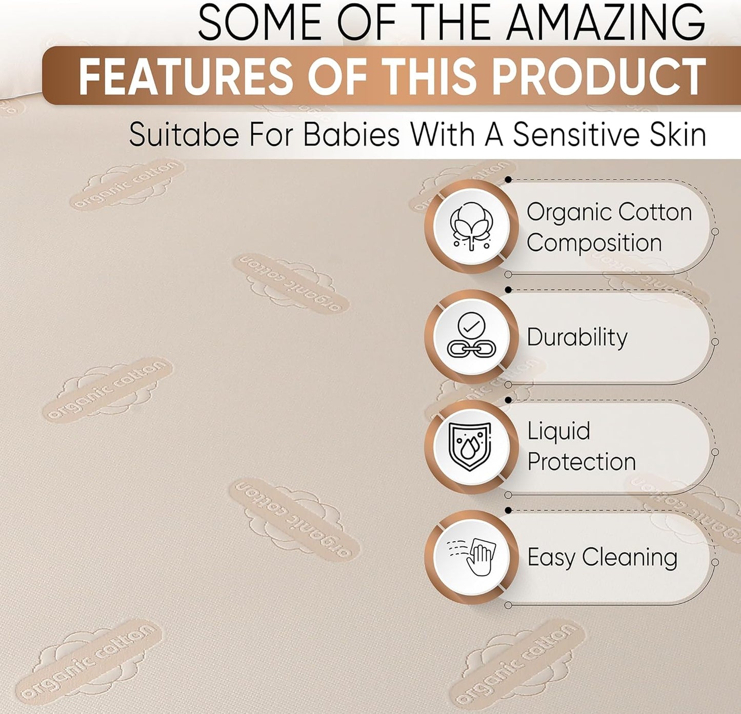 Skiennix Organic Mattress Protector Pad - OCS Certified Waterproof Cotton Cover | 250 GSM Deep Pocket Comfort