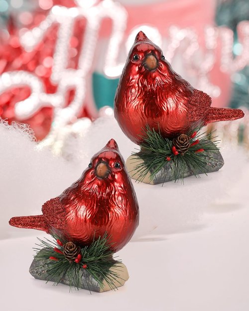 iStatue Red Cardinal Bird Figurines Set of 2 - 6.3'' Realistic Resin Statues for Holiday Home Decor