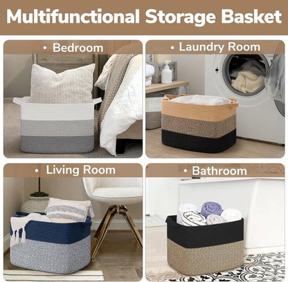 Goodpick Large Woven Basket - 18" x 14" x 12" Cotton Rope Storage for Organizing | Black & Jute