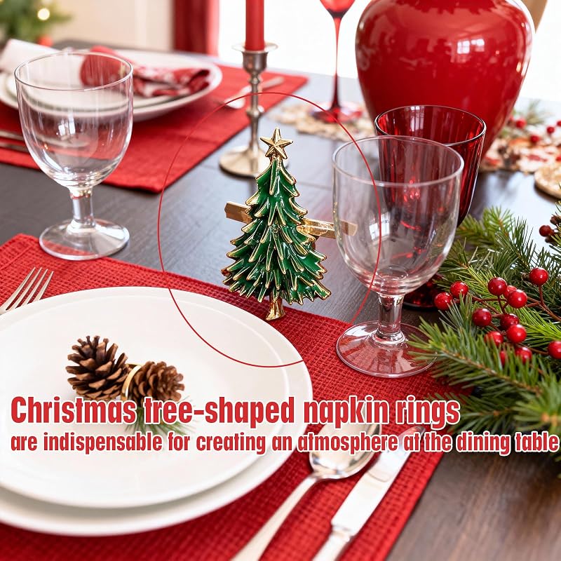 Christmas Tree Napkin Rings Set of 4 - Gold Alloy with Green Enamel & Star Topper (Variation: Christmas Tree + Christmas Tree)