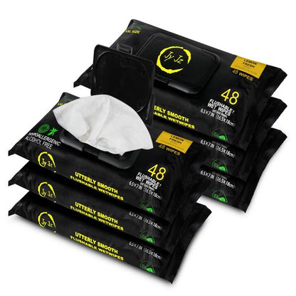 JYJZ - Flushable Wet Wipes, 6 Pack (288 Wipes), New & Improved Lemon Fresh, Disposable, Biodegradable, XL, Aloe & Vitamin-E, Marine Life Friendly, Utterly Smooth, Bespoke Freshness, Irresistible!