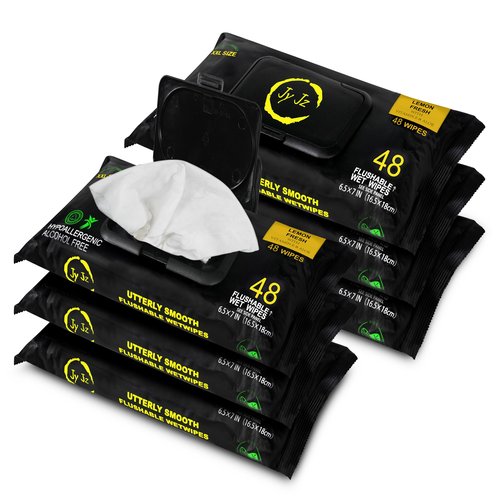 JYJZ - Flushable Wet Wipes, 6 Pack (288 Wipes), New & Improved Lemon Fresh, Disposable, Biodegradable, XL, Aloe & Vitamin-E, Marine Life Friendly, Utterly Smooth, Bespoke Freshness, Irresistible!