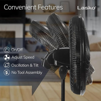 Lasko Oscillating Pedestal Fan - Adjustable Height, 3 Cooling Speeds, 18" - Portable Black Design