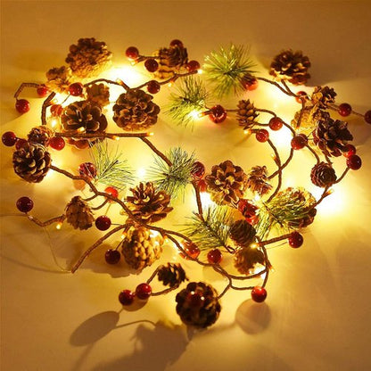 FUNPENY Christmas Pinecone String Lights - 20 LED Fall Garland with Red Berries | 6.56Ft Indoor/Outdoor Decor