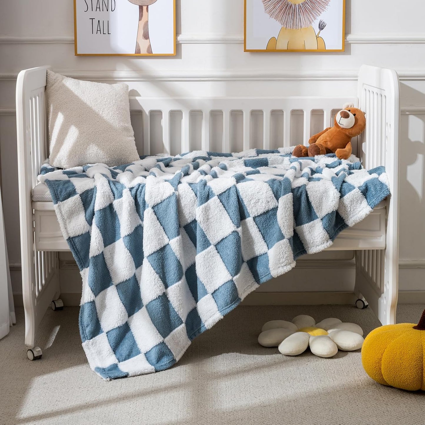 Skiennix Fleece Baby Blanket - 3D Checkerboard Design, Cozy & Fluffy for Infants | 30x40 Inches, Blue