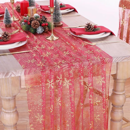 Christmas Snowflakes Table Runner Gauze with Metallic Foil, 29x120 Inches - Xmas Red Gold