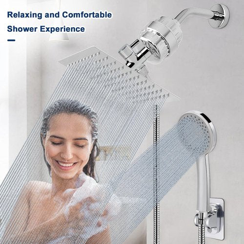 NearMoon Filtered Shower Head, High Pressure 8″Square, 5 settings Handheld Rain Shower Filter Combo with Self-adhesive Holder/1.5M Hose -1 Replaceable Filter Cartridge (Chrome Finish)