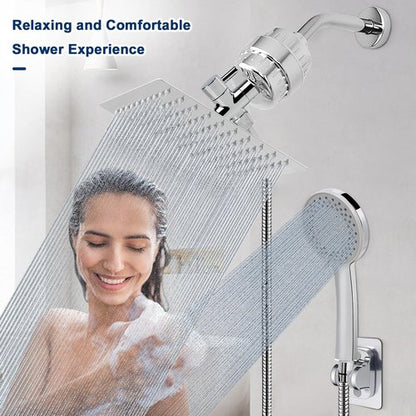 NearMoon Filtered Shower Head, High Pressure 8″Square, 5 settings Handheld Rain Shower Filter Combo with Self-adhesive Holder/1.5M Hose -1 Replaceable Filter Cartridge (Chrome Finish)