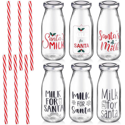 Christmas Glass Milk Bottles with Lids & Straws - 6x8 oz Set