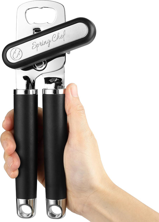 Spring Chef Stainless Steel Can Opener - Heavy Duty Manual Design with Soft Grip Handles - Black