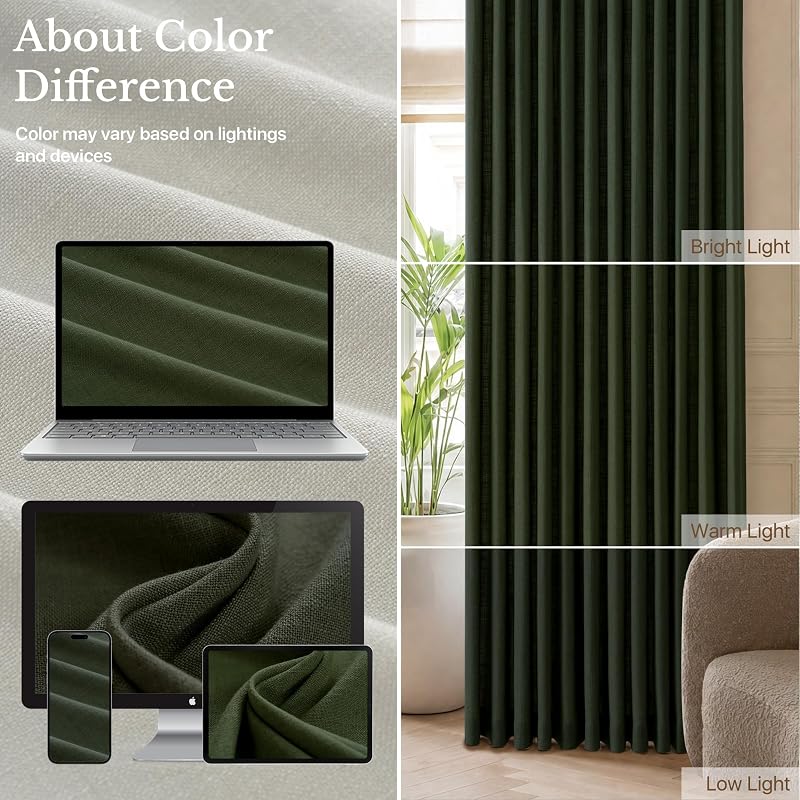 Olive Green Linen Curtains 84 Inch - 2 Panels, Privacy & Light Filtering