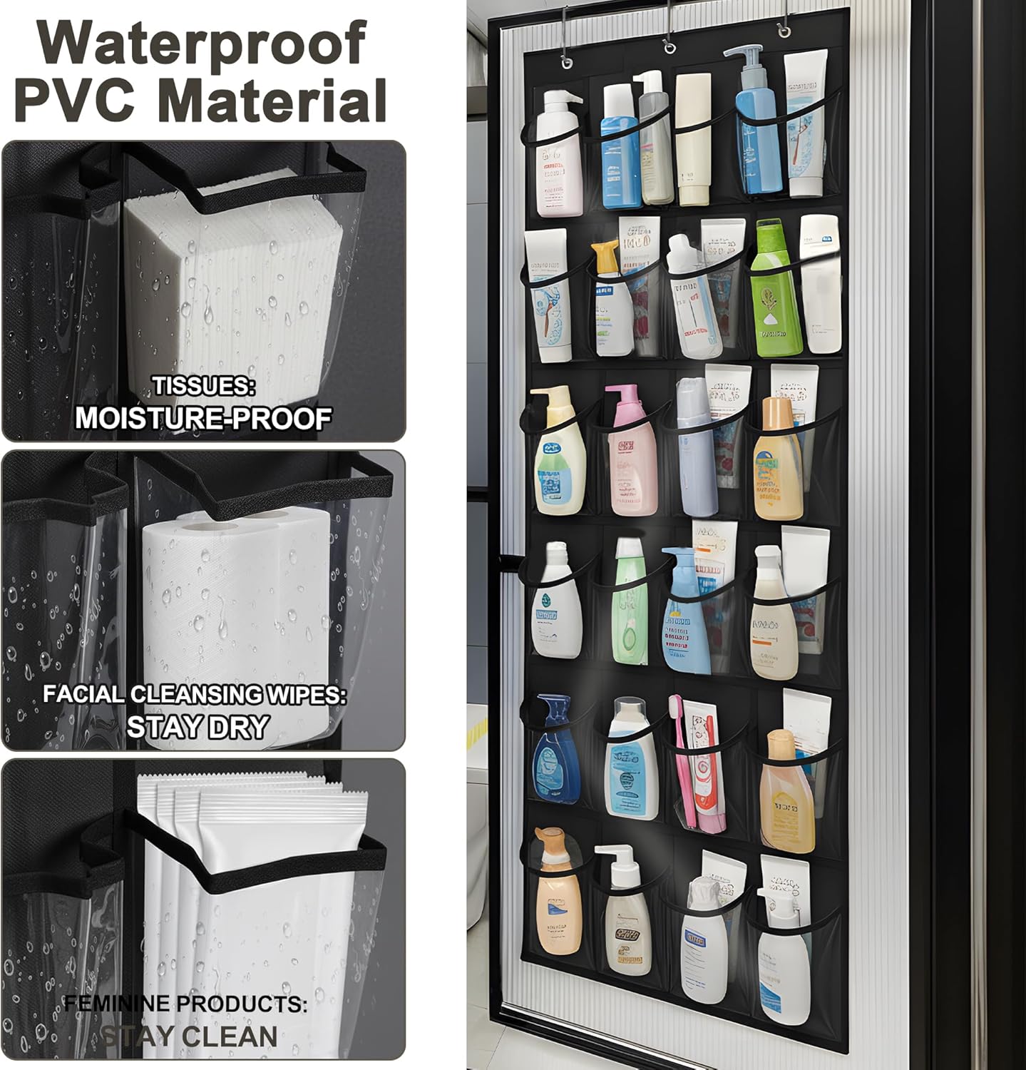 Over The Door Shoe Organizer - Space-Saving Rack with 24 Clear Pockets & Metal Hooks | Black
