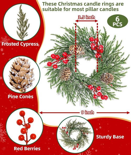 Flocked Mini Christmas Wreath Candle Rings by [Brand Name] - 6 Pack, 9"x3.5" Snowy Cypress with Red Berries & Pinecones for Holiday Table Decor