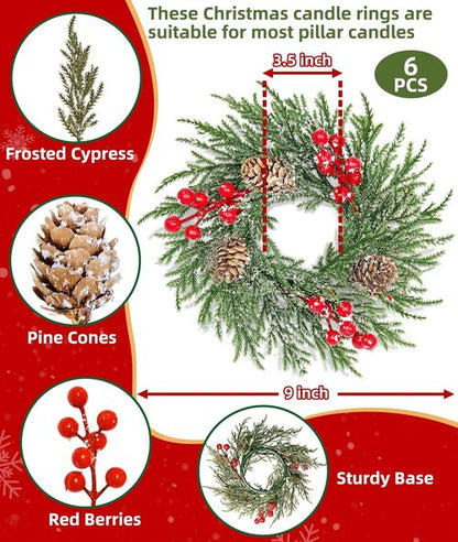 Flocked Mini Christmas Wreath Candle Rings by [Brand Name] - 6 Pack, 9"x3.5" Snowy Cypress with Red Berries & Pinecones for Holiday Table Decor