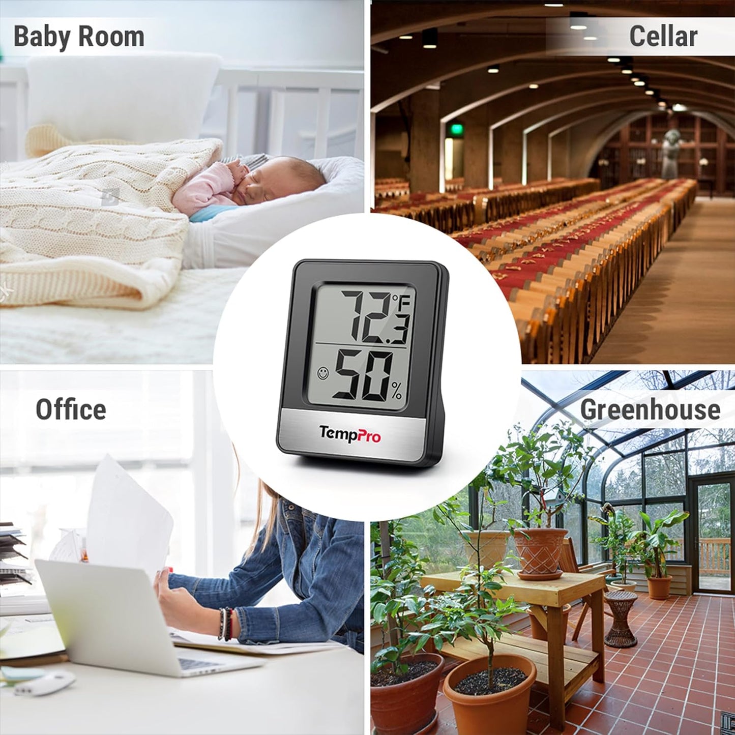 TempPro Digital Hygrometer | 2-Piece Indoor Thermometer & Humidity Meter - Black Weather Station