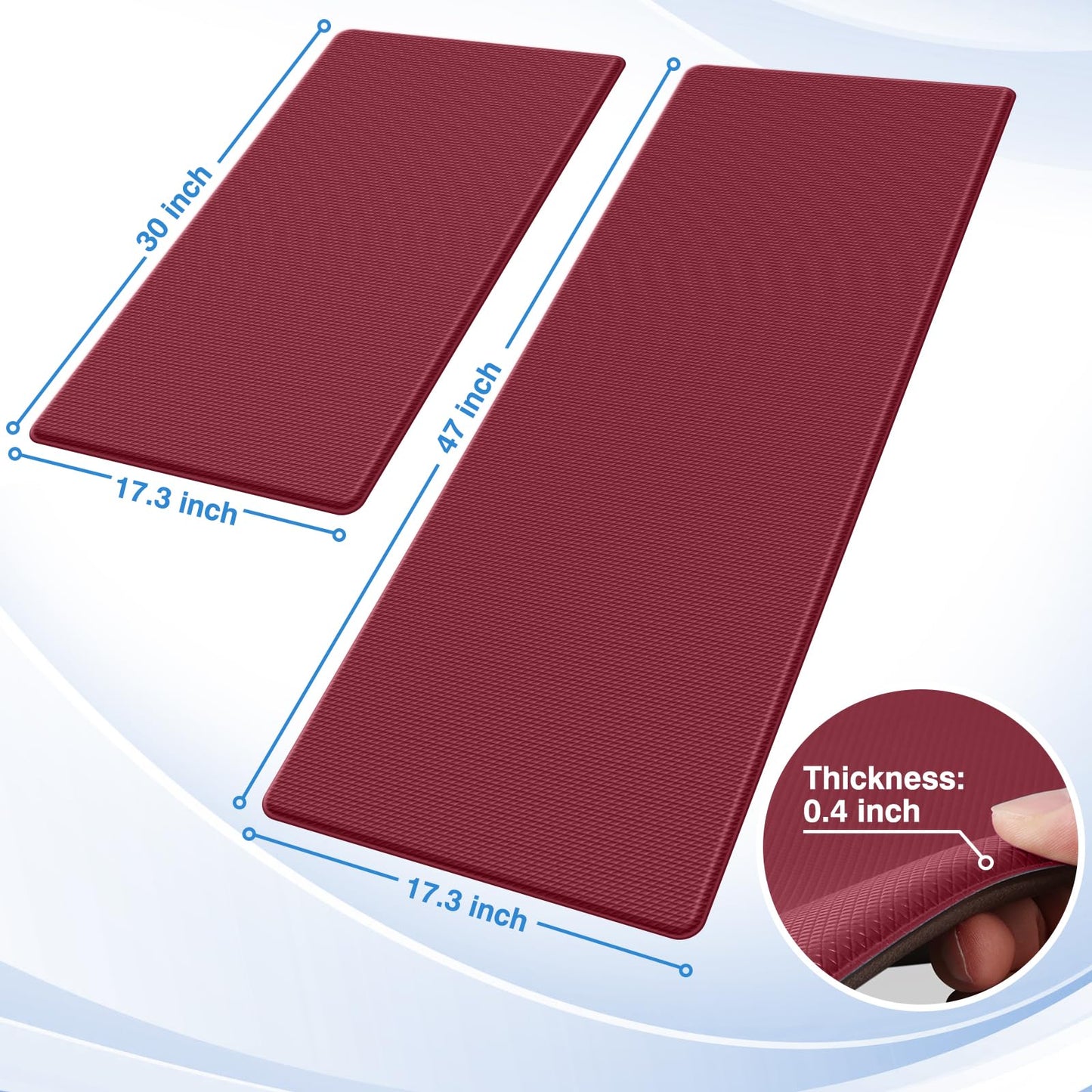 StepRite Kitchen Mats, 2PCS Kitchen Rugs, Cushioned Anti Fatigue Kitchen Mats for Floor, Non-Slip Standing Desk Mat, Waterproof Kitchen Rug Set for Kitchen, Floor, Office,17.3"×30"+17.3"×47", Red