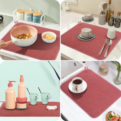 GeeRic Microfiber Dish Drying Mat - Super Absorbent & Reversible Kitchen Pad | 15x20 Inch Red