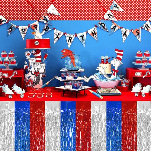 8P Wavy Metallic Tinsel Foil Fringe Table Skirts - Vibrant Decorations for Weddings, Birthdays & Parades | Red, Blue, White