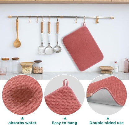 GeeRic Microfiber Dish Drying Mat - Super Absorbent & Reversible Kitchen Pad | 15x20 Inch Red