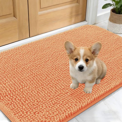 OLANLY Dog Door Mat for Muddy Paws 24x16, Absorbs Moisture and Dirt, Absorbent Non-Slip Washable Doormat, Quick Dry Chenille Mud Mat for Dogs, Entry Indoor Entryway Carpet for Inside Floor, Orange