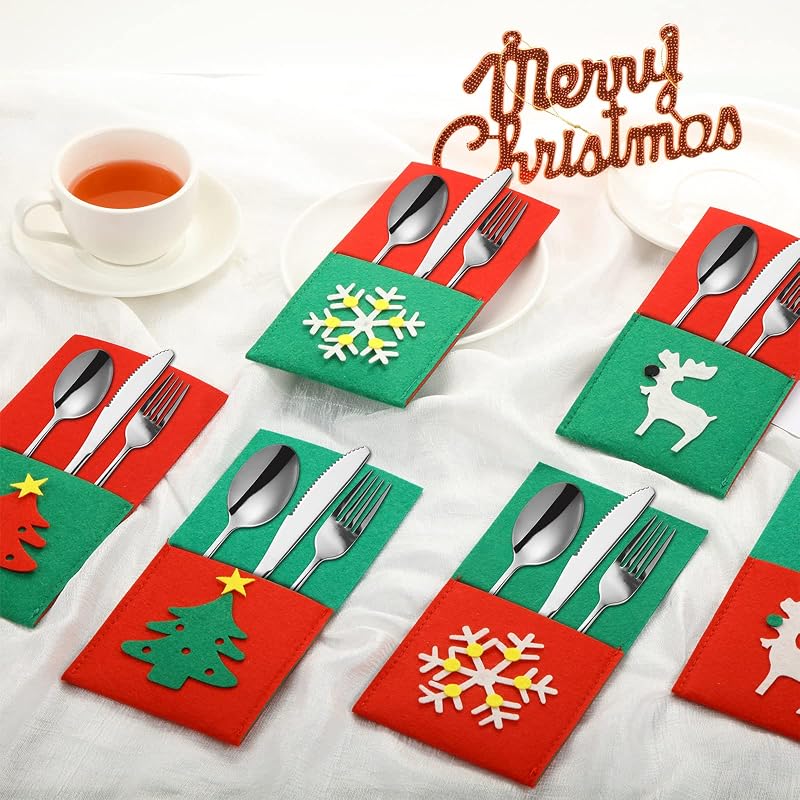 Christmas Silverware Holder Pockets, 10 Pack Felt Cutlery Bags