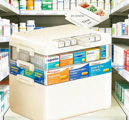 Regine Switzerland Large Medicine Cabinet Pill Organizer - 3-Tier First Aid Storage with Foldable Handle