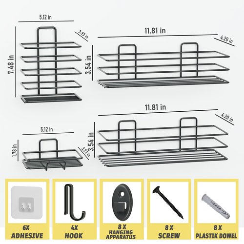 Dekula Adhesive Shower Caddy 4 Pack, Shower Shelves Organizer for Bathroom Storage, Rustproof Stainless Steel Bath Organizers, Kitchen, Adhesive or Screw, Soap Dish, Hooks, Wall Shelf