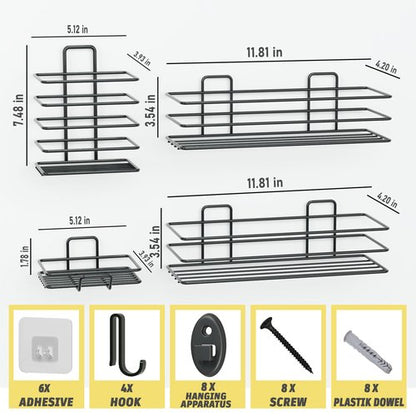 Dekula Adhesive Shower Caddy 4 Pack, Shower Shelves Organizer for Bathroom Storage, Rustproof Stainless Steel Bath Organizers, Kitchen, Adhesive or Screw, Soap Dish, Hooks, Wall Shelf