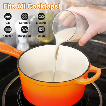 Enameled Cast Iron Sauce Pan with Lid, Leonyo 1 Quart Saucepan with Lid, Small Enamel Cast Iron Dutch Oven Kitchen Cookware for All Cooktops Making Pasta Sauce, Soup, Milk - Up to 500°F & Orange
