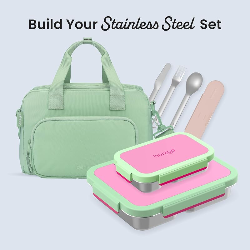 Bentgo Stainless Steel Lunch Box with 3 Compartments, 4.3 Cup Capacity, Leak-Proof Lid - Strawberry