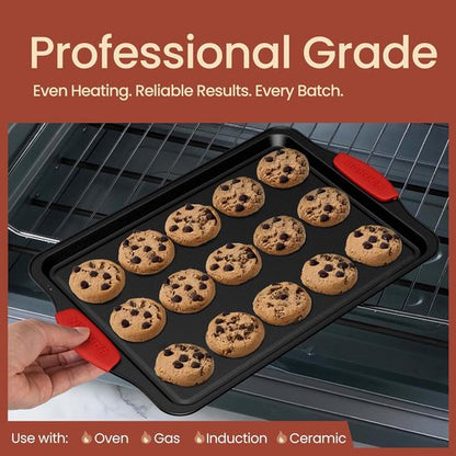 BAKKEN Nonstick Baking Pan - Durable Carbon Steel Cookie Sheet with Red Silicone Handles | 15.15 x 10.03 Inches, Oven Safe Up to 450°F
