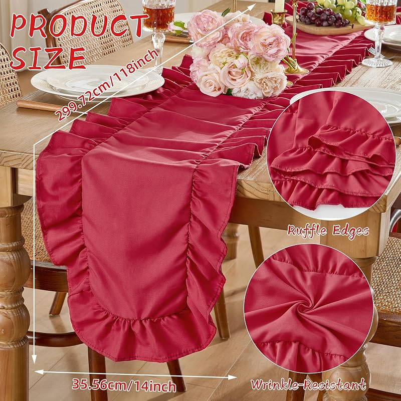 SoarDream Red Christmas Satin Ruffle Table Runner 14x118 Inch - 1 Pack