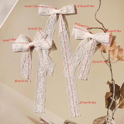 Skiennix White Lace Tulle Hair Bows - Elegant Long Tail Ribbons & Tassel Barrettes for Women
