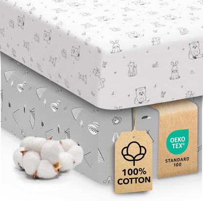 Sweety Fox Cotton Crib Sheets - Soft Jersey Knit Mini Fitted Sheets for Boys & Girls | Woodland Print, 2 Pack
