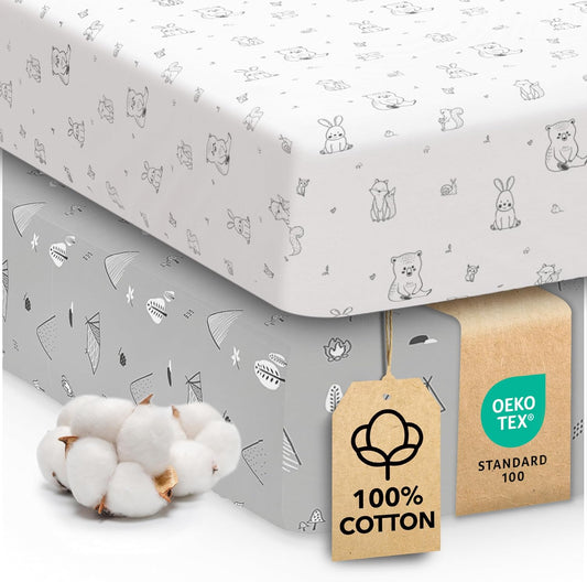 Sweety Fox Cotton Crib Sheets - Soft Jersey Knit Mini Fitted Sheets for Boys & Girls | Woodland Print, 2 Pack