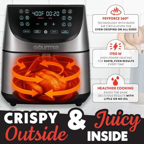 Gourmia Air Fryer - 8 Qt Extra Large Capacity with FryForce360º & Digital Display | 12 Cooking Presets
