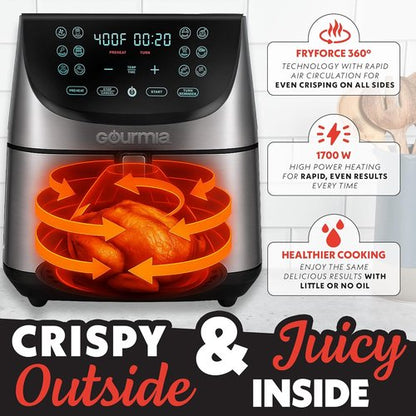 Gourmia Air Fryer - 8 Qt Extra Large Capacity with FryForce360º & Digital Display | 12 Cooking Presets