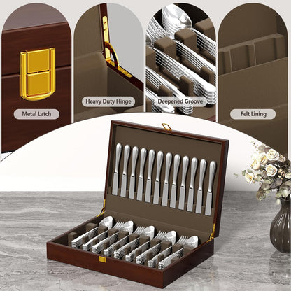 Walnut Wood Silverware Storage Box - Felt Lined Flatware Organizer for 12 Sets of Utensils