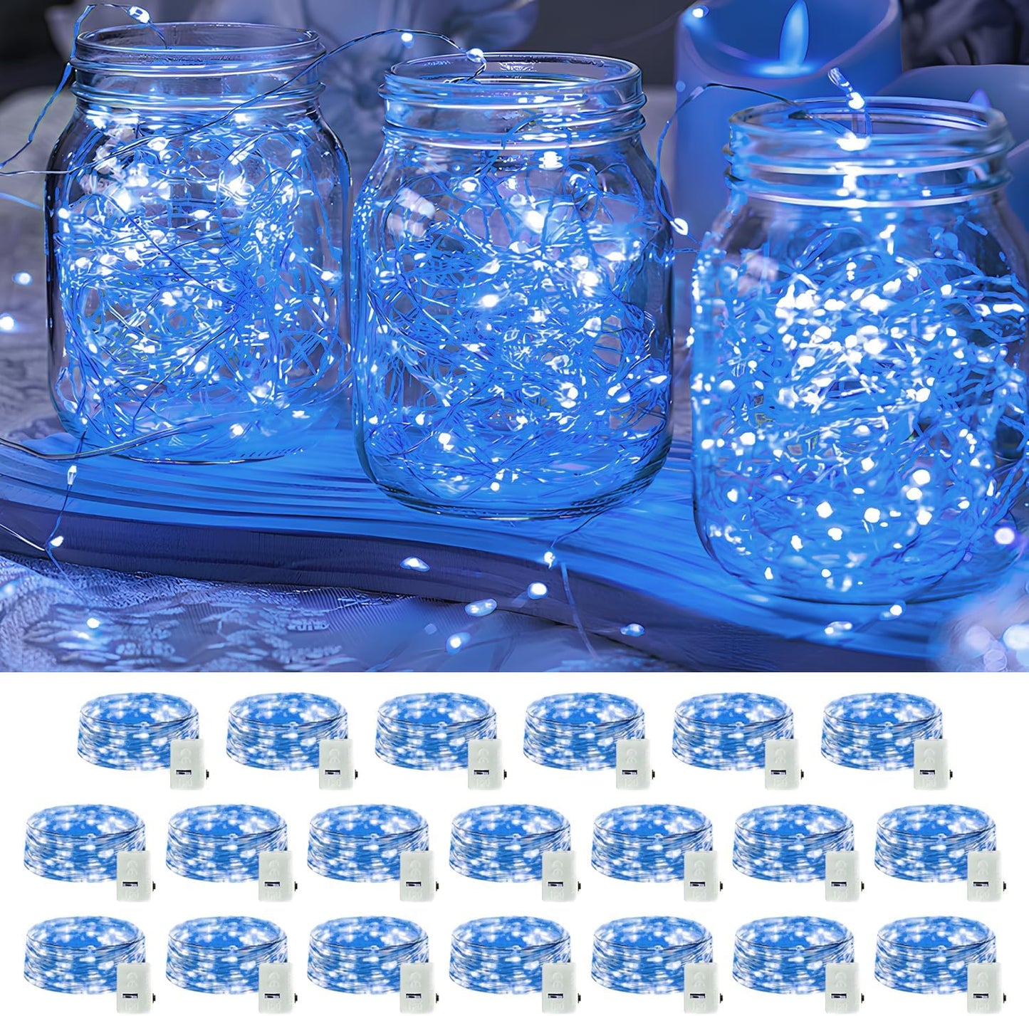Skiennix 20 Pack LED Fairy Lights - Battery Operated Mini Twinkle String Lights | 7FT Waterproof Blue for Weddings & Parties