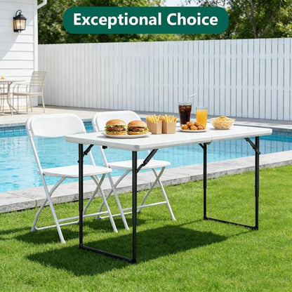 Folding Table - Heavy Duty 4ft Fold-in-Half Plastic Table with Adjustable Height | Portable for Indoor & Outdoor Use (White)