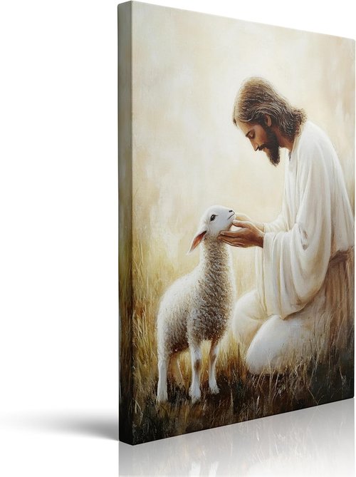 Jesus Holding Lamb Canvas Wall Art - Serene Christian Decor for Home & Church | 12x16 Inches