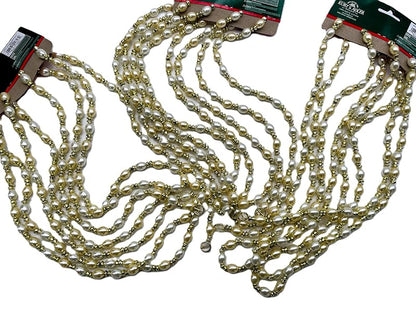 Gold & Ivory Beaded Garlands Set, 9 Ft Each, 3-Piece Holiday Decor